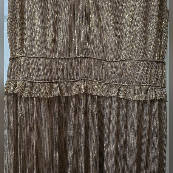 Taylor [Anthropologie] Gold Metallic Ruffle Stretch Waist Formal Midi Dress, EUC - Picture 5 of 13